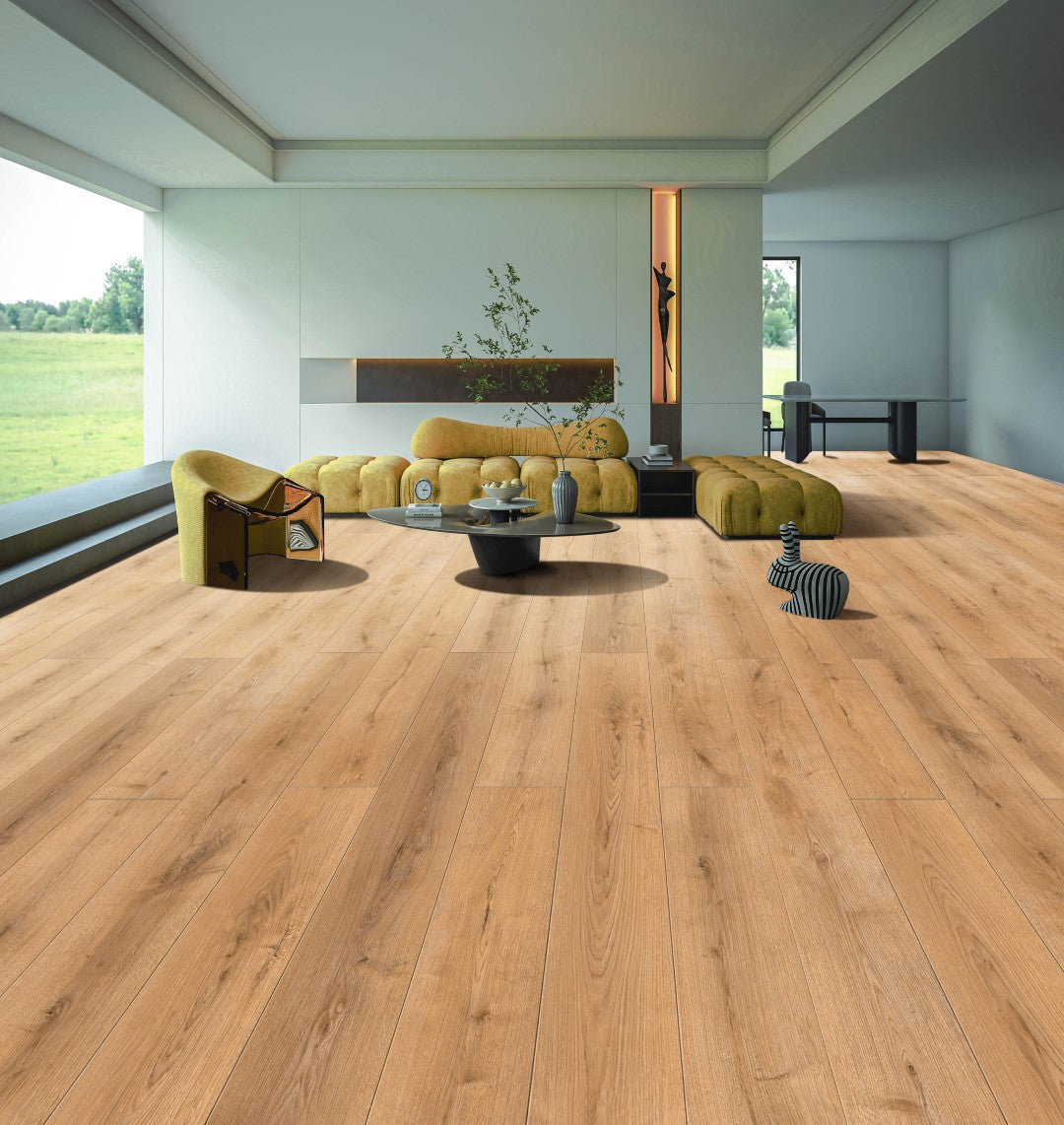 ⤓: 12mm ↔: 198mm ↕: 1218mm Golden Oak Laminate Plank