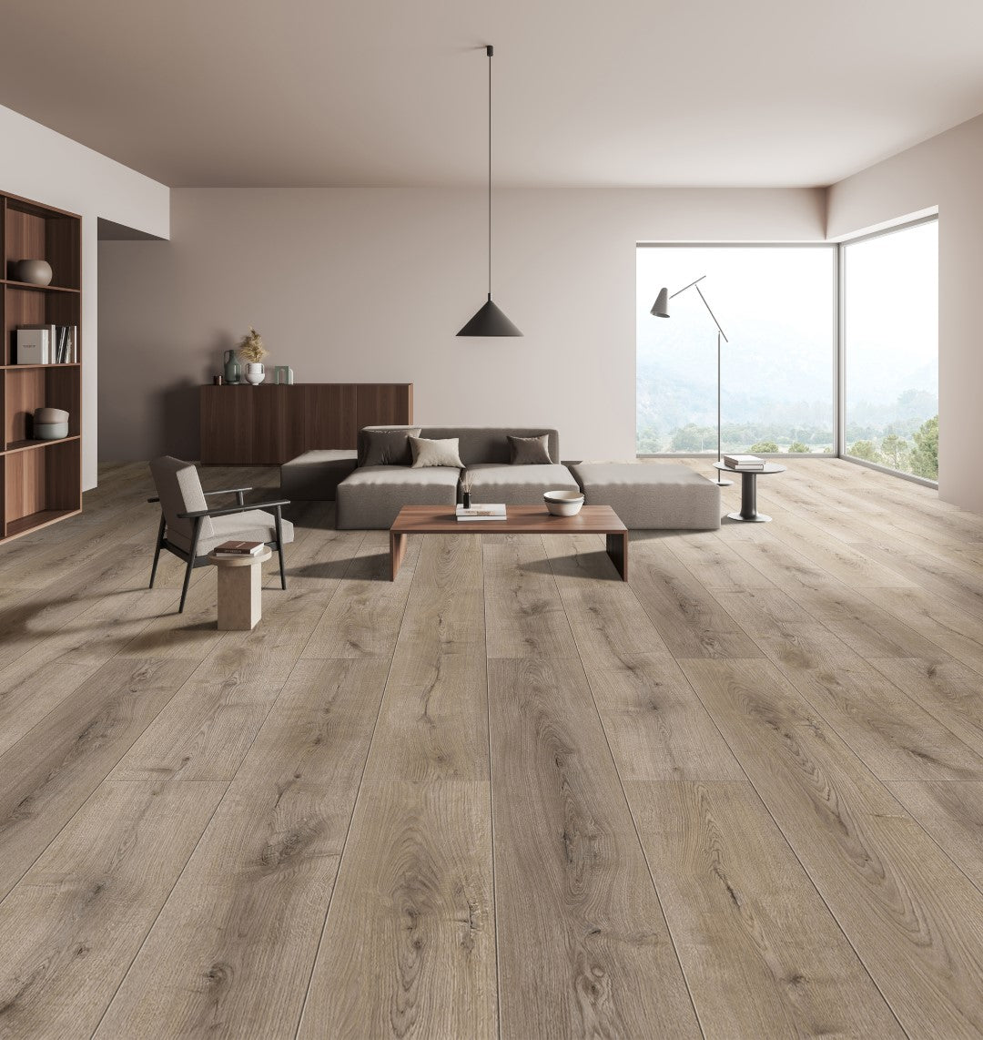 ⤓: 12mm ↔: 198mm ↕: 1218mm Pebble Grey Laminate Plank